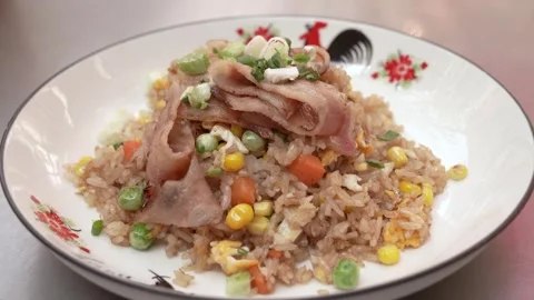 Closeup view of the smoked bacon fried rice. Stock Footage 300355481