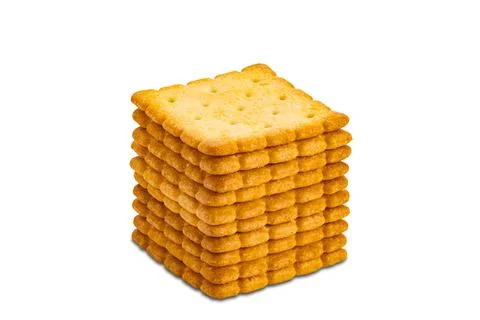 Closeup view stack of dry sweet delicious square shape crackers isolated on w Stock Photos