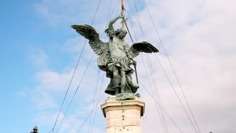 The closeup view on the Statue of the Archangel Michael with outstretched wings Stock Footage 144669724