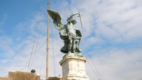 The closeup view on the Statue of the Archangel with outstretched wings Stock Footage 144669552