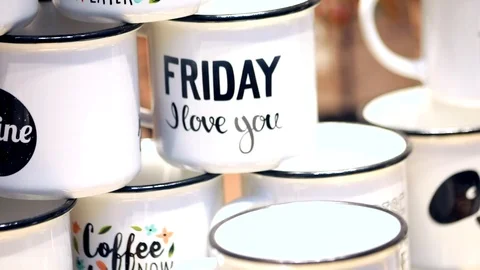 Closeup view of stylish white cup on shop showcase for sale. Black Friday. I lov Video stock 120278563