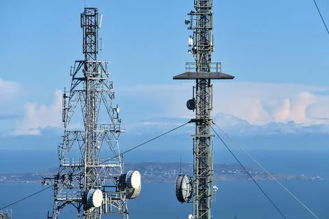 Closeup view of Three Rock TV transmitter antenna viewed from Fairy Castle Stock Photos