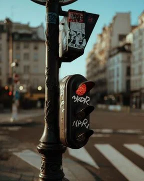 Closeup view of a traffic light showing a red light in the city center of Paris Fotos Stock