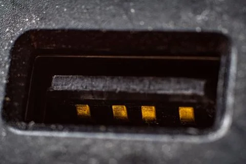 Closeup view of a USB port showcasing its intricate details and metallic Stock Photos