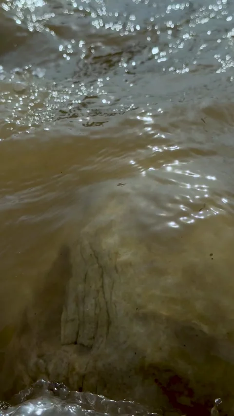 Closeup view of water flowing over textured rock surface with shimmering re.. Stock Footage 338414376