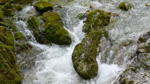 Closeup view to the water stream of mountain river in Austrian alps with zooming Stock Footage 68535297