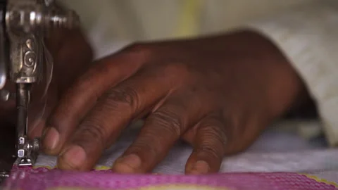 Closeup View Of Womans Hands Sewing Fabric With A Vintage, Retro Sewing Machine. Stock Footage 260722788