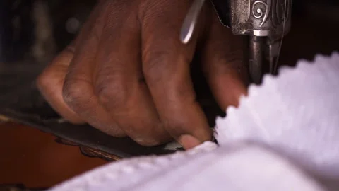 Closeup View Of Womans Hands Sewing Fabric With A Vintage, Retro Sewing Machine. Stock Footage 260722917
