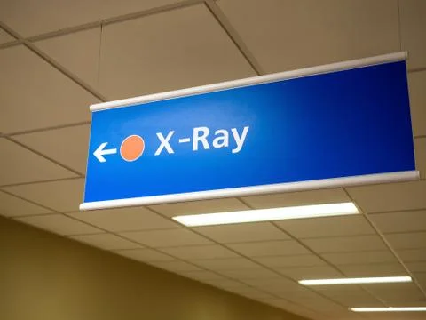 Closeup view X-Ray directional sign in British hospital Stock-Fotos