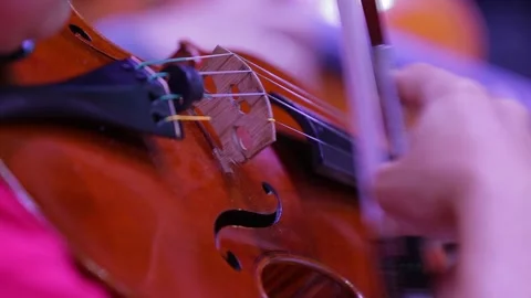 Closeup of a violin and hand with a bow. Symphony Orchestra. Violinists Stock Footage 165745926