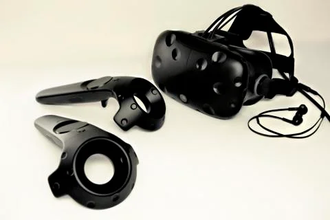 A closeup of a VR virtual reality headset on a white background Stock Photos