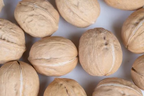 Closeup of walnuts showcasing surface textures and colors. Photograph capturing Foto stock