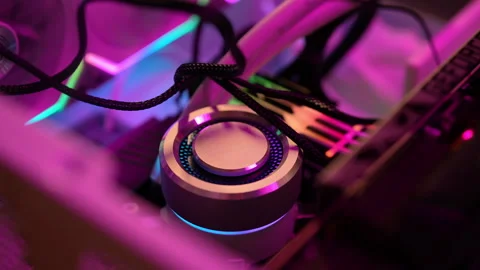 Closeup of water cooling system for gaming computer glowing in neon lights Stock Footage 289021199