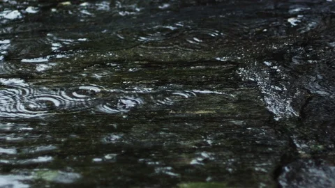 Closeup of water drops falling on an old granite stone floor Video stock 98049082