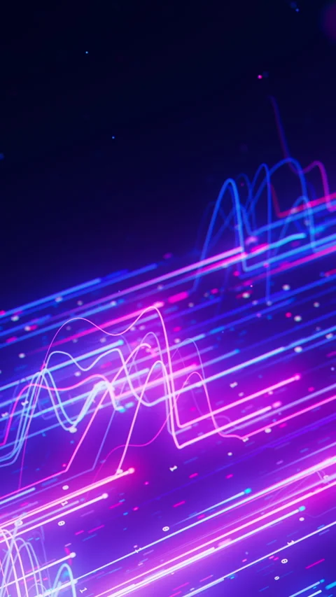 Closeup of wavy neon line flow carrying big data at light speed. Digital sound Stock Footage 347318172