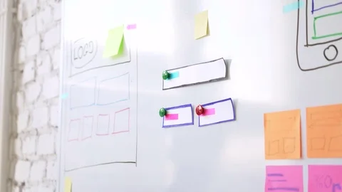 Closeup of web designers prototyping website layout on whiteboard Stock Footage 75933157
