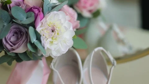 Closeup of wedding bouquet on table Stock Footage 118591404