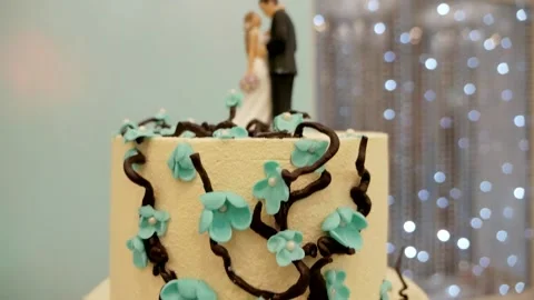 Closeup wedding cake in white and turquoise with figurines newlyweds Stock Footage 237107174