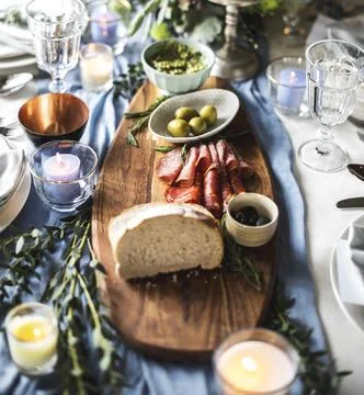 Closeup of Wedding Reception Table Setting with Food Stock Photos