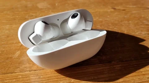 Closeup of white bluetooth headphones. Stock Footage 169753048