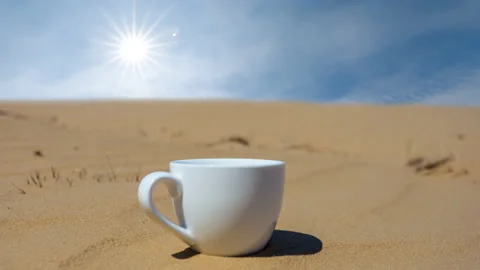 Closeup white coffee cup on sand at hot summer sunny day time lapse scene Stock Footage 197484743