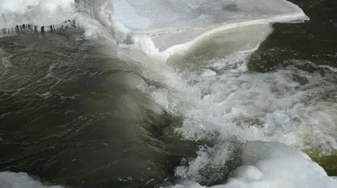 Closeup wild river brook stream covered ice snow art winter Stock Footage 22403340