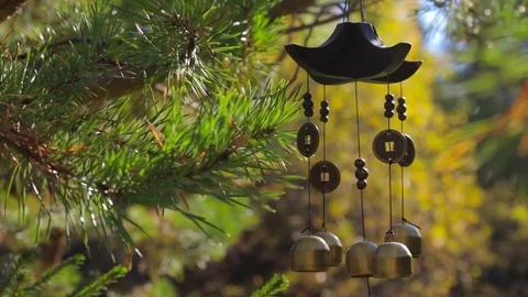 Closeup wind chimes swaying in the wind at autumn garden. Happiness, success Stock Footage 73159633