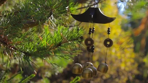 Closeup wind chimes swaying in the wind at autumn garden. With sound Stock Footage 73159965