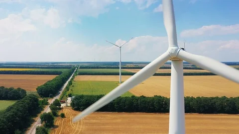 Closeup wind turbines in a wind farm.  Stock Footage 111986388