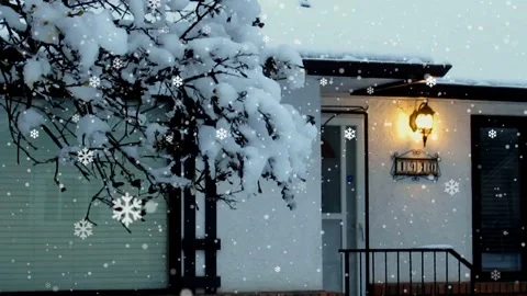 Closeup of winter snow tree house in Canada, with beautiful snowflake effect Stock Footage 296606221