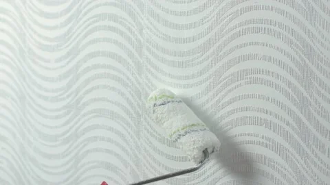 Closeup of woman hands using paint roller while painting wallpaper Stock Footage 142534874