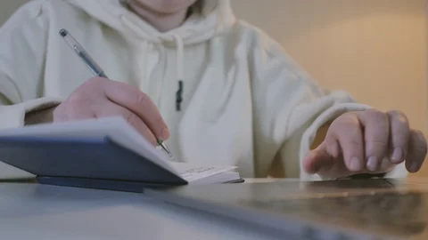 Closeup woman sitting table notebook female hands keyboarding laptop 스톡 동영상 101260796