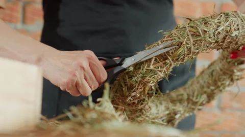 Closeup of woman using scissors to trim straw wreath on wooden table Stock Footage 320334723
