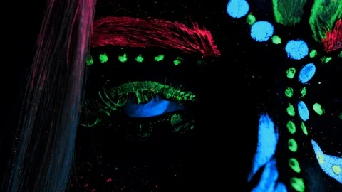 Closeup Womans Eye with Fluorescent Make up and UV Glows Eye Lenses, Open and Stock Footage 124586331