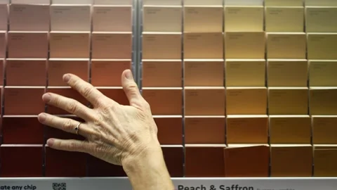 Closeup of womans hands looking at paint chips in a hardware store. Concept of Stock Footage 243737306