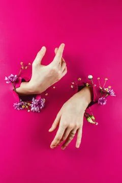 Closeup of woman's hands through torn paper filled with flowers, selective fo Stock Photos