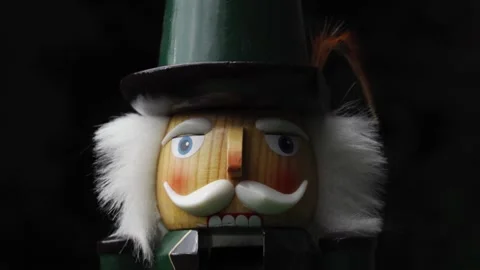 Closeup Of A Wooden Nutcracker Face, Festive Christmas Decoration Statue Stock Footage 145375235