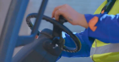 Closeup the work of the forklift driver's controls Stock Footage 105987046
