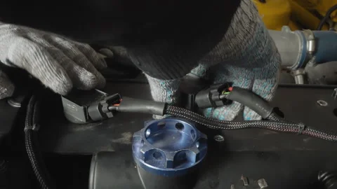 Closeup of worker fixing engine wiring with tools visible. Technician carefully Stock Footage 336862352