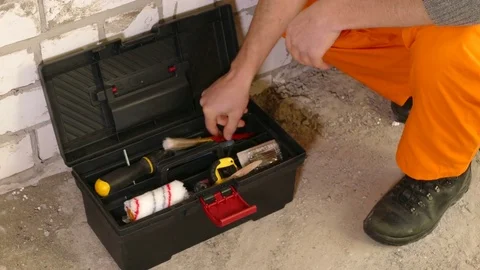 Closeup of worker with the set of tools in the box Stock Footage 71938972