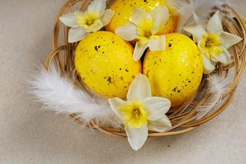 Closeup of yellow Easter eggs with daffodils and feathers in a basket Foto stock