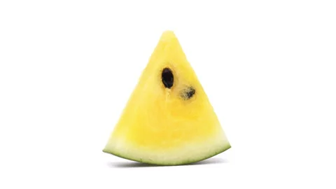 Closeup of yellow watermelon slice rotating. Isolated on white background. Video stock 159162751