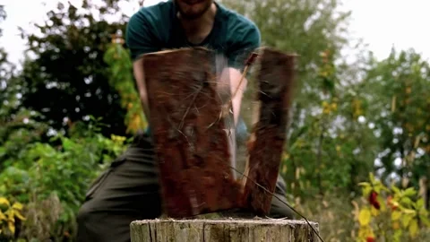 Closeup of young man chopping a log of wood Stock Footage 220084703