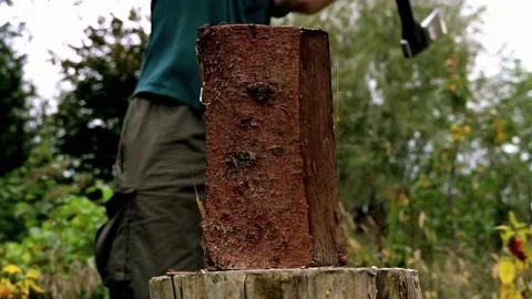 Closeup of young man chopping a log of wood Stock Footage 220085011