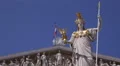 Closeup Zoom Austrian Parliament Vienna Wisdom Goddess Pallas Athene Pillar Icon HD Footage