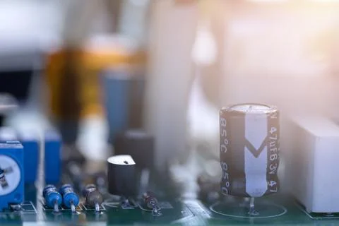 Closeup.Electronic circuit board close up. Defocused background with copy space Stock Photos