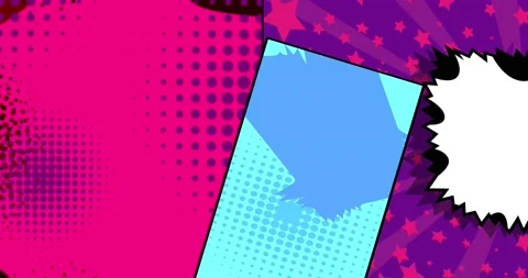 Closing on black opening on white comic blue purple elements Stock Footage 171644666