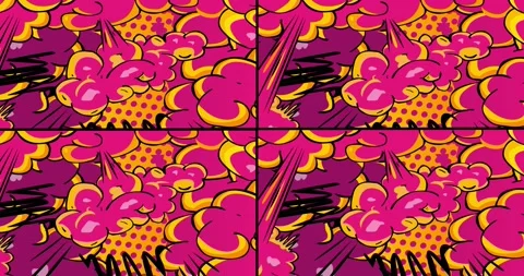 Closing on black opening on white comic yellow purple elements Stock Footage 171644701