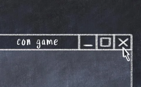 Closing browser window with caption con game. Chalk drawing. Concept of deali 库存照片