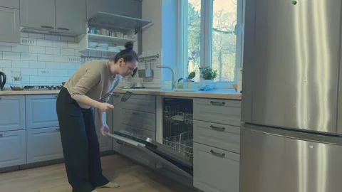 Closing Dishwasher After Loading Dirty Dishes Kitchen Household Routine Stockbeeldmateriaal 336450941
